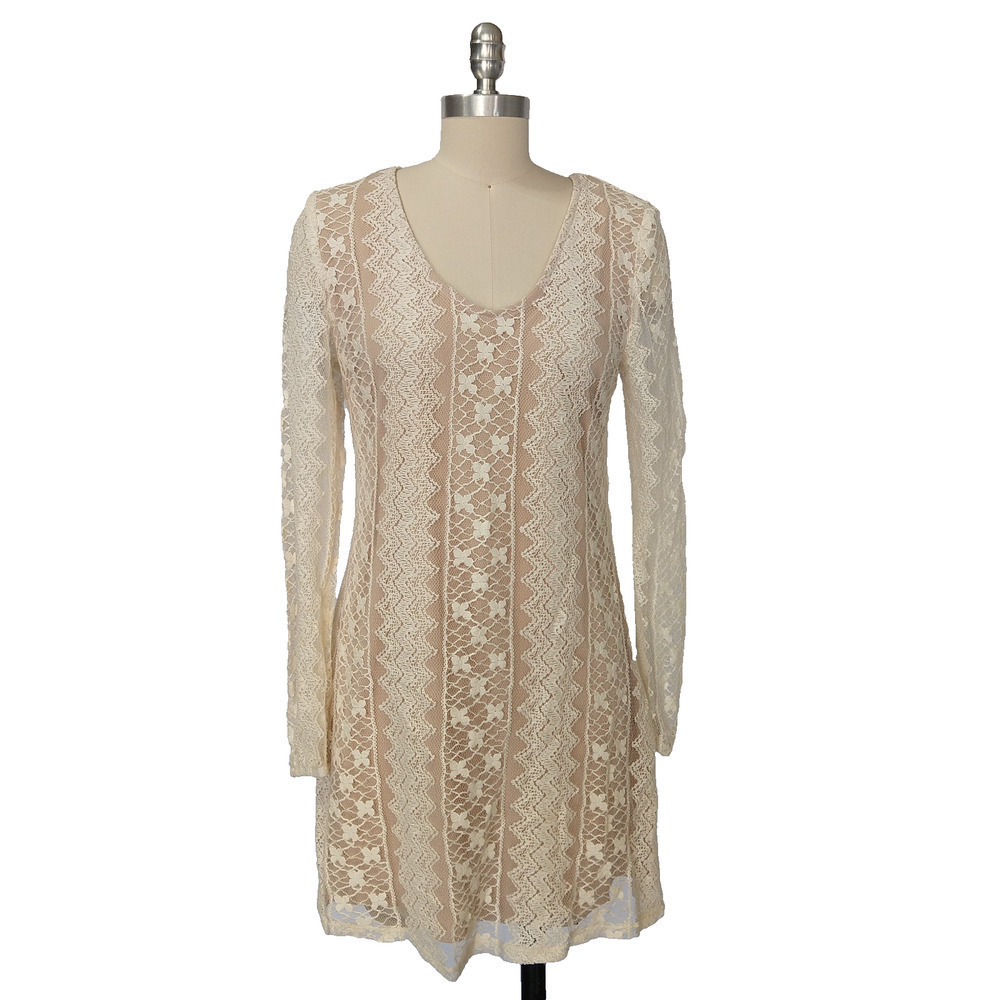 Speechless Y2K Crochet Mini Dress Size M Cream Beige Lace V Neck Long Sleeve